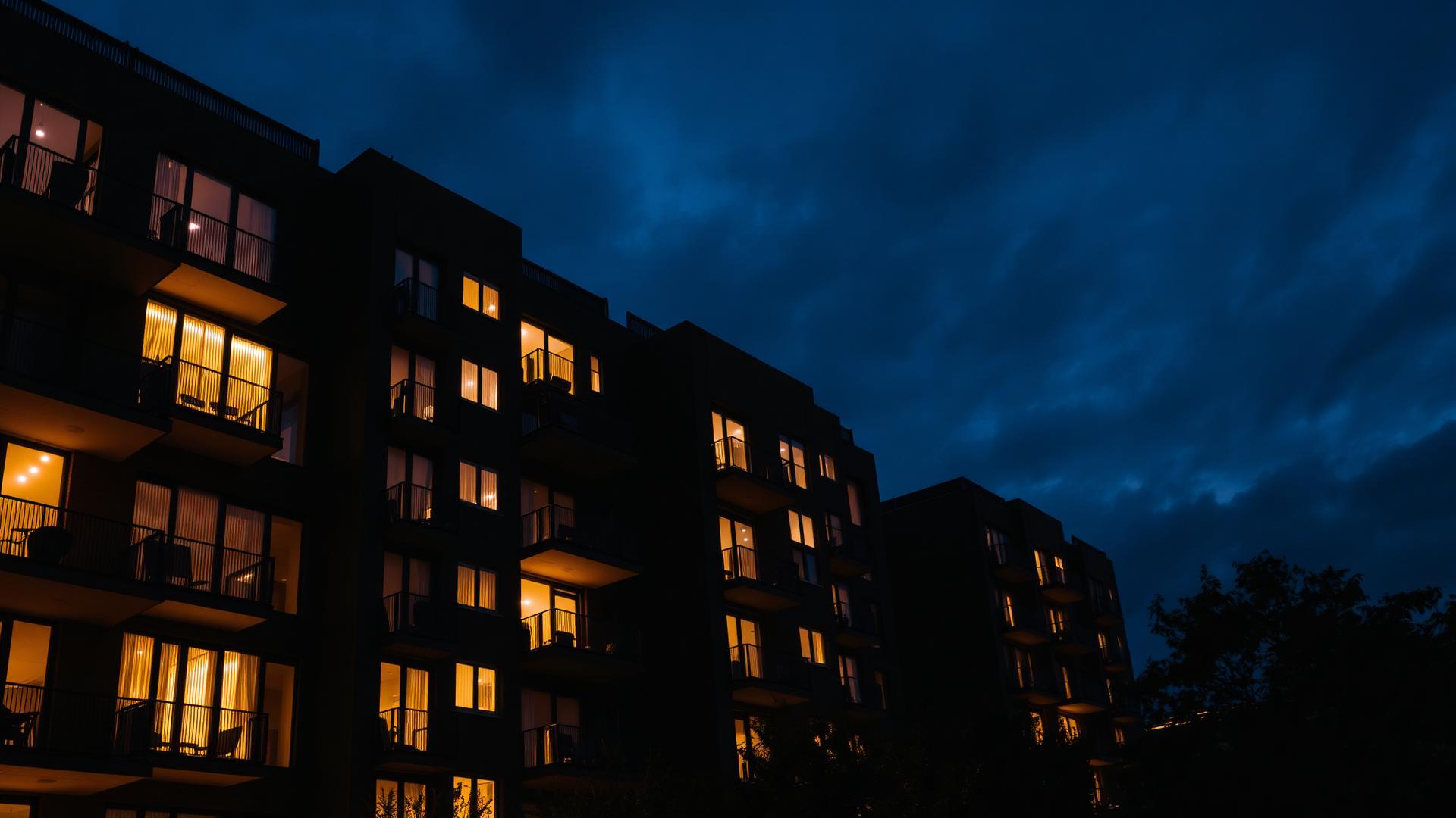 Luxury modern apartment building at night with warm glowing windows