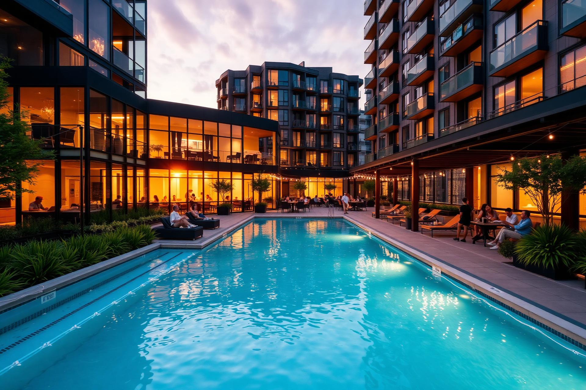 Luxury modern apartment community at golden hour with residents enjoying the rooftop amenities