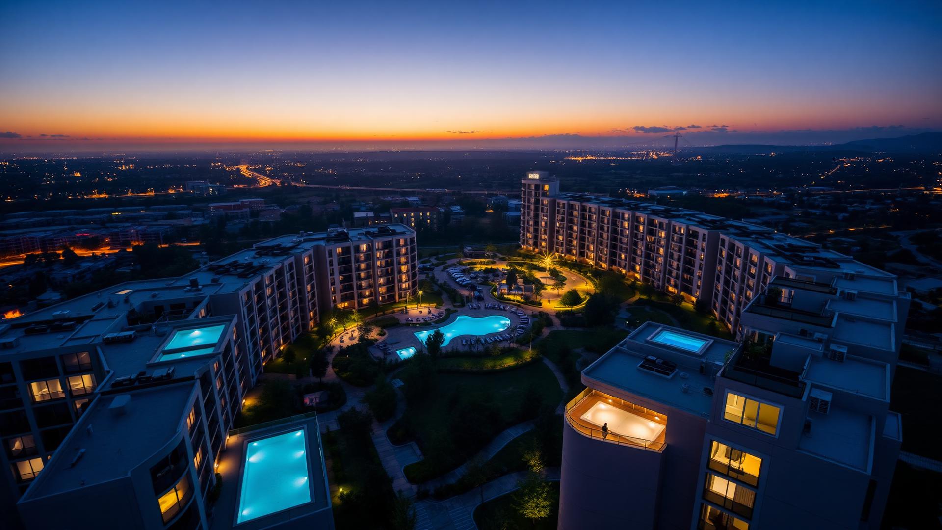 Aerial twilight view of a modern smart apartment community with glowing windows and rooftop pools