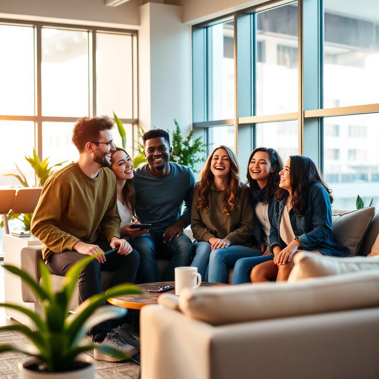 Happy residents laughing together in a premium modern apartment community lounge